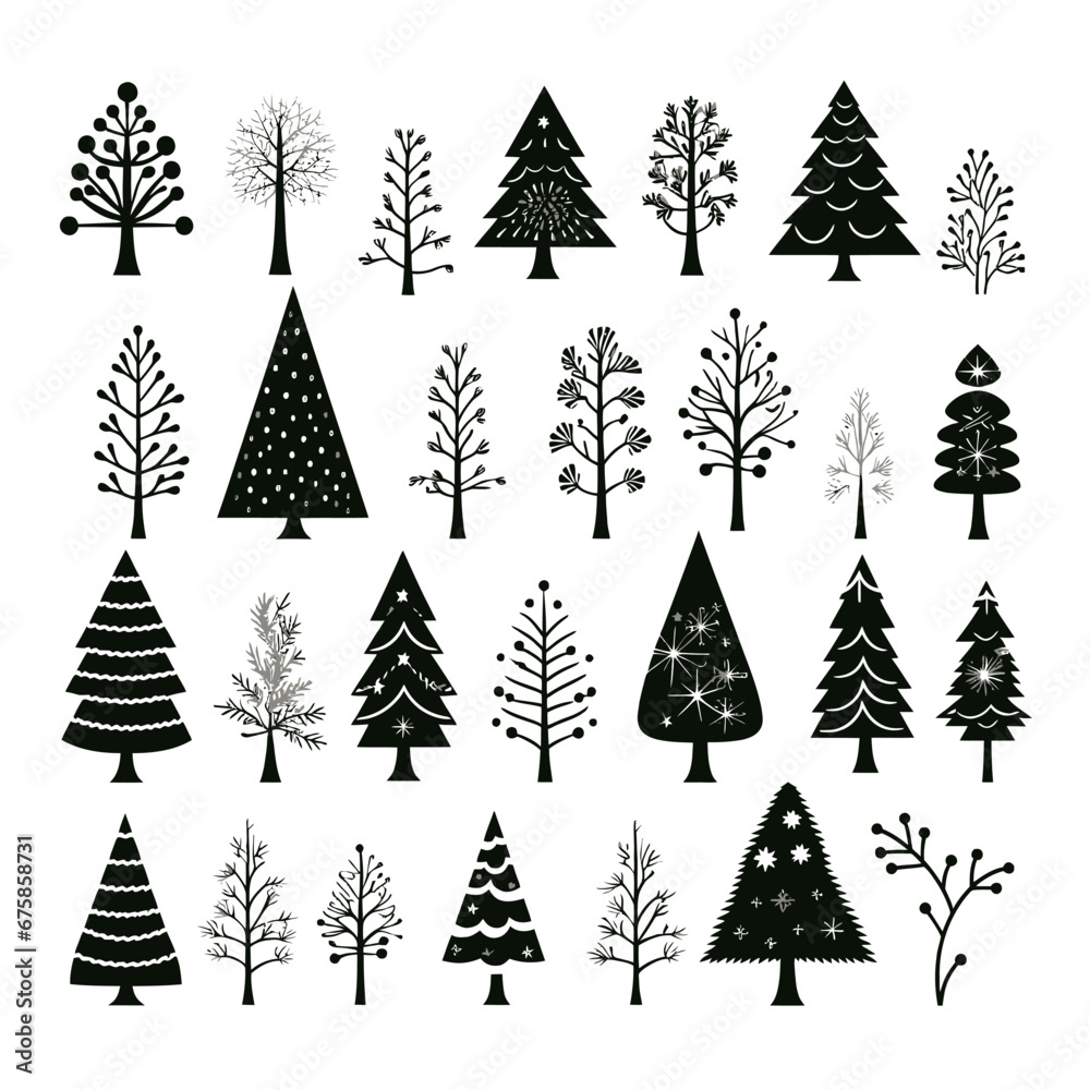 Obraz premium Black doodle Christmas trees symbols clip art on white background