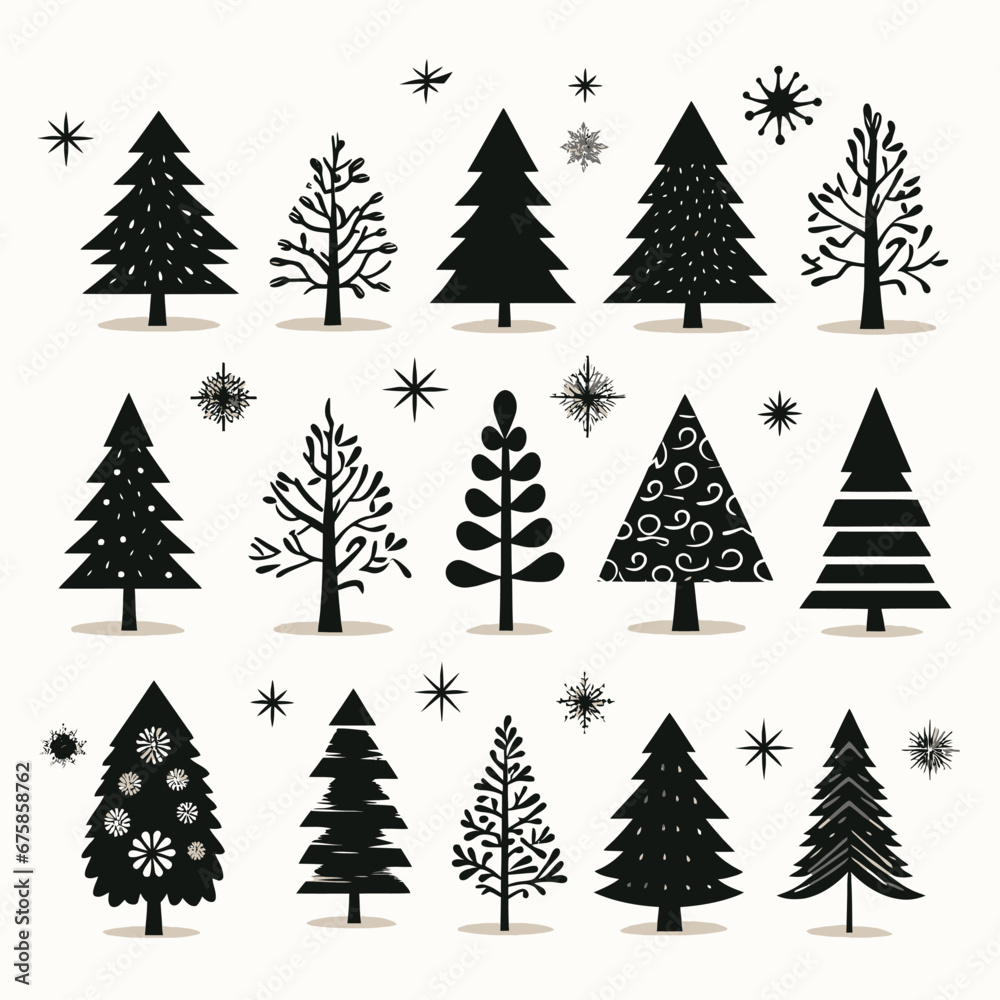 Obraz premium Black doodle Christmas trees symbols clip art on white background