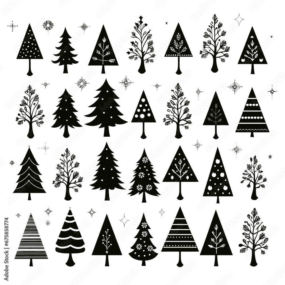 Black doodle Christmas trees symbols clip art on white background Black doodle Christmas trees symbols clip art on white background