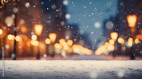 Beautiful blurred street of festive night or evening city with snowfall and Christmas lights. Abstract christmas defocused background. © Santy Hong