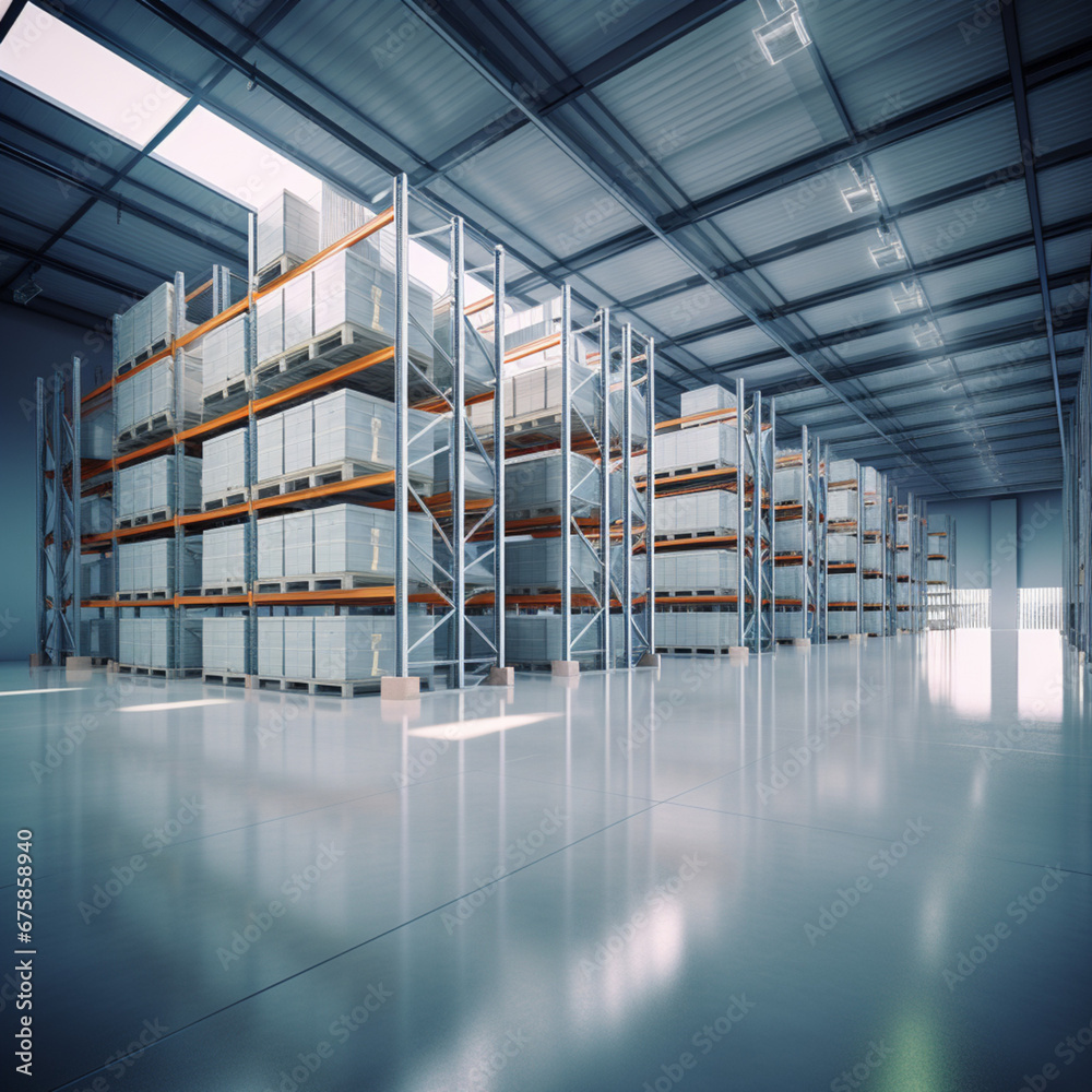 image of bright warehouse, many steel shelves with ambient green color, big bags stored on top of each other , big floor, white light, frontal angle steel, glossy, lots of light, big concrete floor