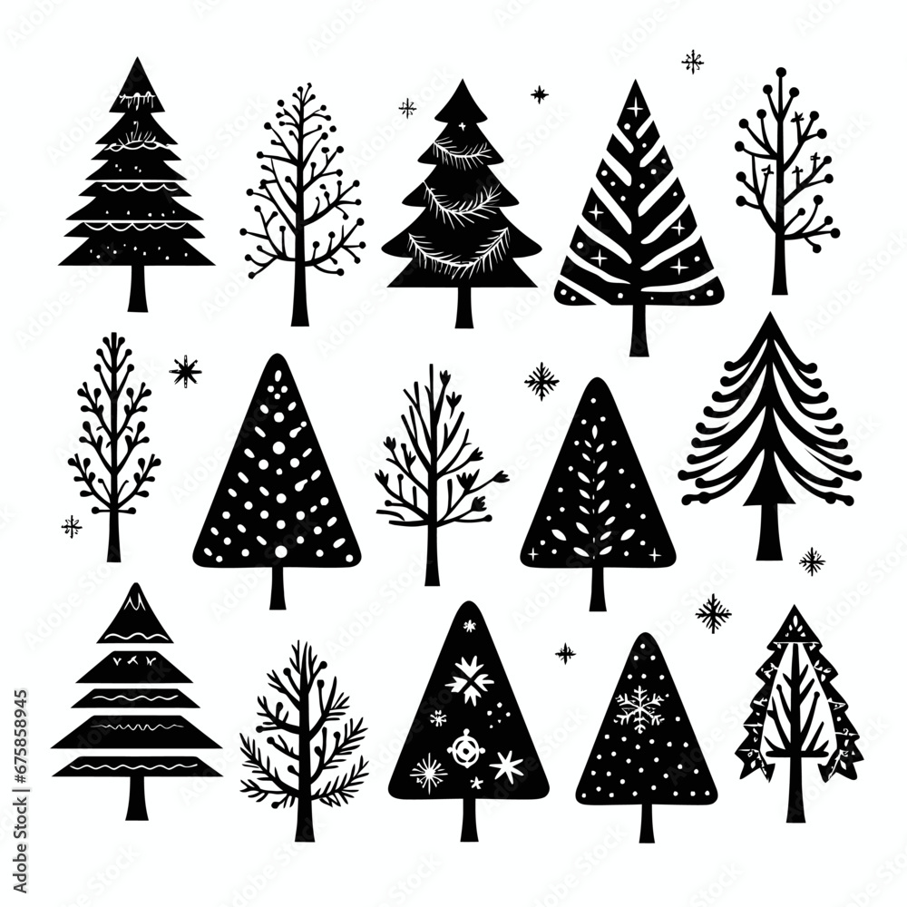 Obraz premium Black doodle Christmas trees symbols clip art on white background