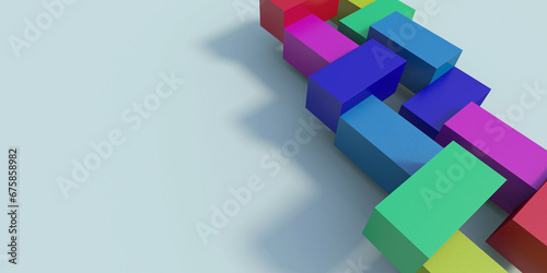 3d rendering. Arrayed colored rectangles formed a line on a white background. Abstract backdrop for banner designs with copy paste space.