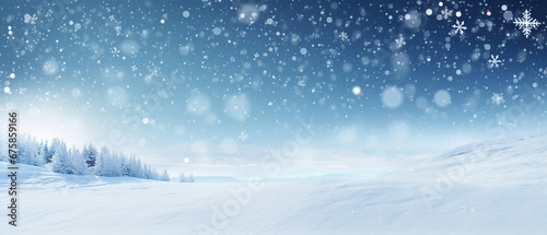Beautiful ultrawide background image of light snowfall falling over of snowdrifts. © Santy Hong