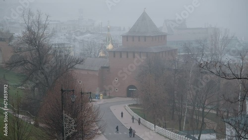 Ivanovskaya tower of the Nizhny Novgorod Kremlin in the thick November fog