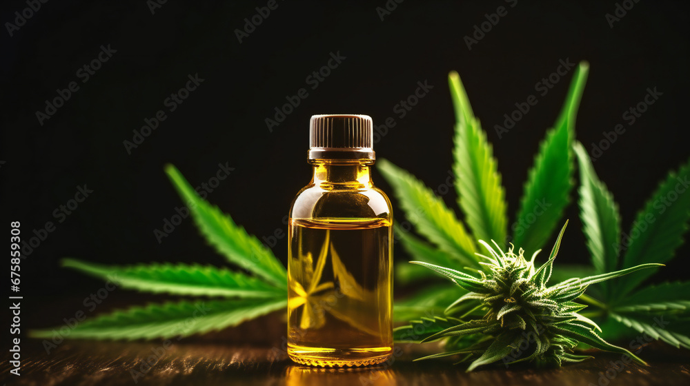 CBD oil bottle among cannabis leaves. Mockup design for medical CBD treatment oil of hemp seeds, THC tincture product. Generative AI CBD oil bottle among cannabis leaves. Mockup design for medical CBD treatment oil of hemp seeds, THC tincture product. Generative AI