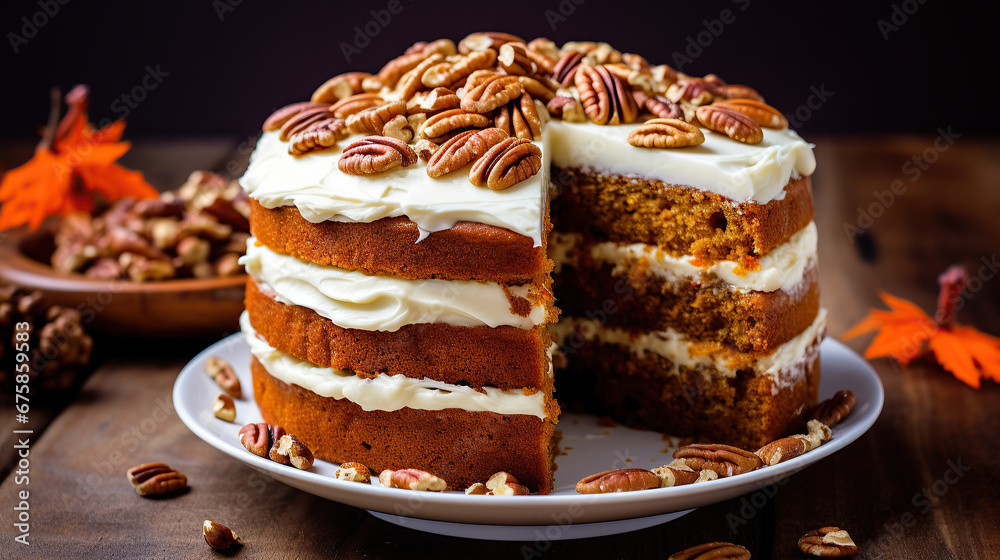Carrot or pumpkin spiced cake with cream cheese frosting and pecan. Carrot or pumpkin spiced cake with cream cheese frosting and pecan.
