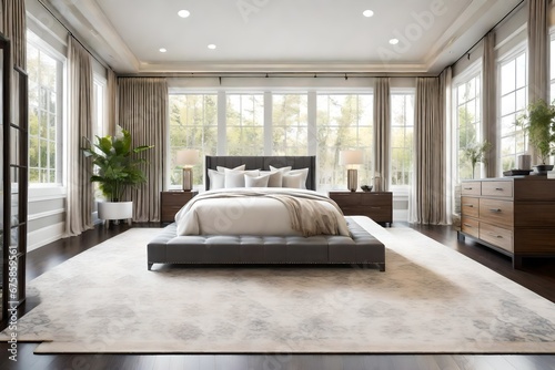 Beautiful bedroom in new luxury home with large windows and area rug