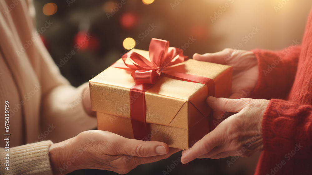 Close up of elderly woman's hands holding present, receiving wrapped gift box from young daughter or grandchild Close up of elderly woman's hands holding present, receiving wrapped gift box from young daughter or grandchild