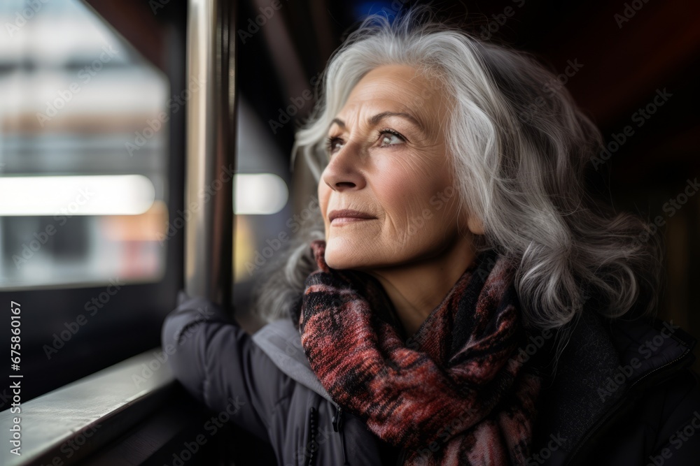 Portrait of senior woman looking out the window of a train. Portrait of senior woman looking out the window of a train.