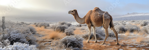 first snow at desert with a camel.