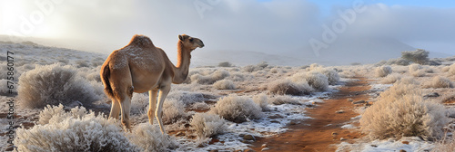 first snow at desert with a camel. photo