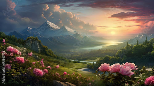 Majestic Sunset over Mountain Range with Lush Green Forests and Blooming Pink Flowers in Foreground