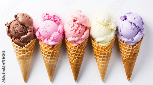 Variety of ice cream flavors in waffle cones overhead on white.