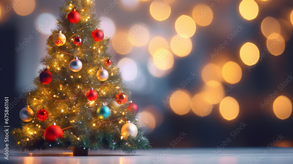 Decorated Christmas tree on blurred background. Generation AI
