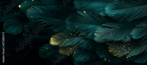 Background of Abstract Glitter Lights. and Feather. Blue, Gold and Teal Green. De Focused Feathers. Quill or Plume. Luxurious Premium Seamless Banner Tile..