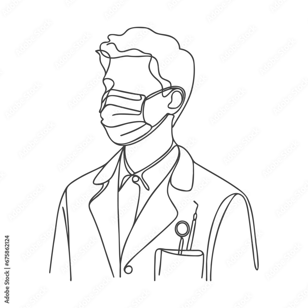 Orthodontist doctor dentist silhouette drawing drawn in one line style. Vector illustration