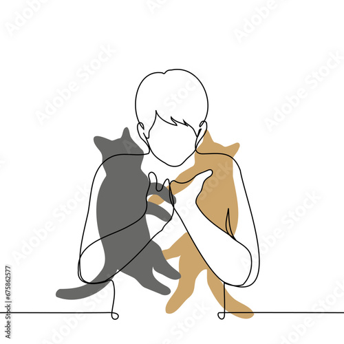 man holds two adult cats in his arms, cuddling them to himself - one line art vector. concept cat cat lover, veterinarian, street cats