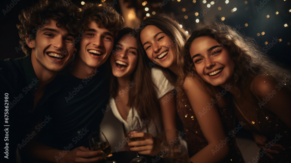 Young and beautiful group of friends holding sparkles and  enjoying at New Year's party