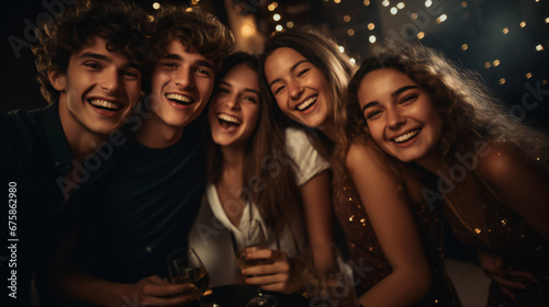 Young and beautiful group of friends holding sparkles and enjoying at New Year's party