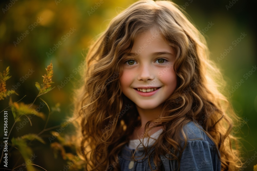Portrait of a beautiful little girl with long curly hair at sunset Portrait of a beautiful little girl with long curly hair at sunset