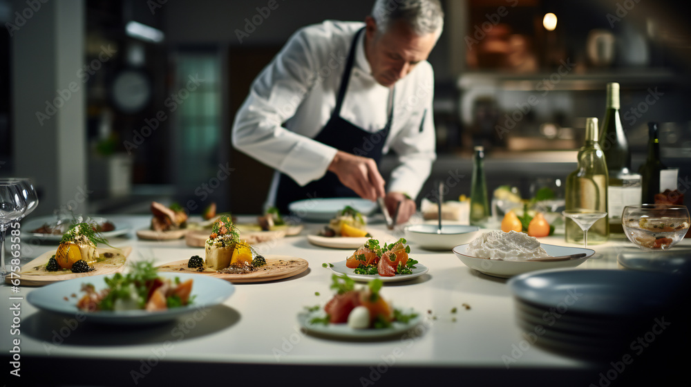 gourmet dish being prepared in a high-end restaurant kitchen by chef - obrazy, fototapety, plakaty 