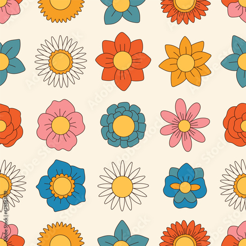 Groovy flowers seamless pattern. Retro 70s smiling face flowers graphic elements isolated. Retro vintage flowers