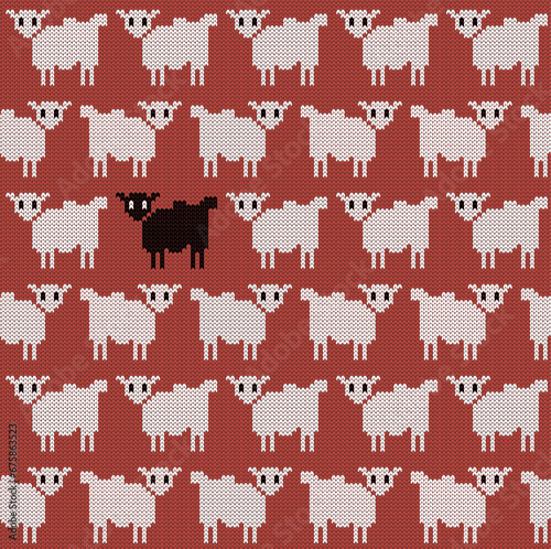 Knitting sweater seamless pattern with white sheeps and one black on red backround. Vector illustration.