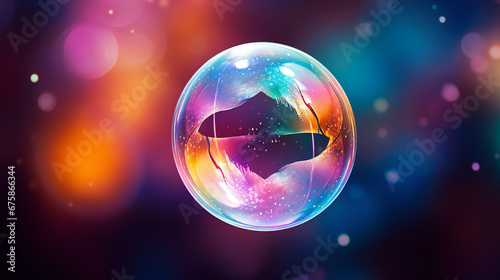 Iridescent soap bubble on multicolored background. Generation AI