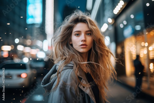 Beautiful young woman with long hair walking in the city at night