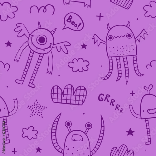 Seamless doodle pattern with sketch monsters for baby. Scribble vector print with naive outline monsters.