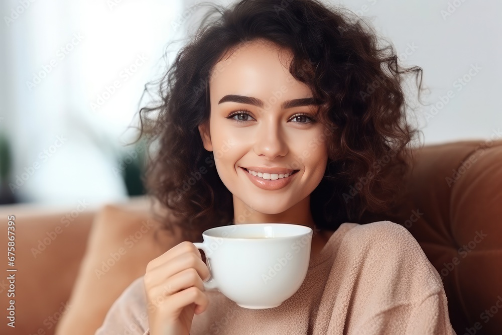 Close up of a young woman holding coffee cup in the morning sitting on sofa white background. Close up of a young woman holding coffee cup in the morning sitting on sofa white background.