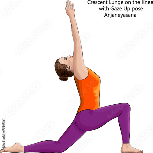 Young woman doing yoga Anjaneyasana. Crescent Lunge on the Knee with Gaze Up pose. Intermediate Difficulty. Isolated vector illustration.