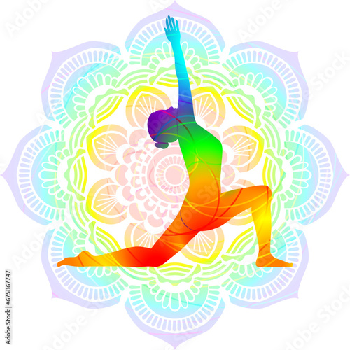 Colorful silhouette of yoga. Anjaneyasana. Crescent Lunge on the Knee with Gaze Up pose. Isolated vector illustration on Mandala background.