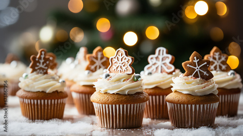 Gingerbread cupcakes for Christmas with gingerbread cookies and buttercream frosting with bokeh background