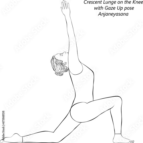 Sketch of young woman doing yoga Anjaneyasana. Crescent Lunge on the Knee with Gaze Up pose. Isolated vector illustration.