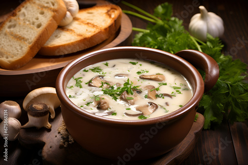 A cozy bowl of creamy mushroom soup, paired with crusty bread, fresh herbs, and garlic, radiates rustic warmth on a wooden backdrop