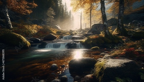 AI generated illustration of a stream flowing through an illuminated fantasy fall landscape