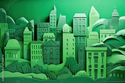 Green city with building. nature. healthy. ecology idea. paper art concept.