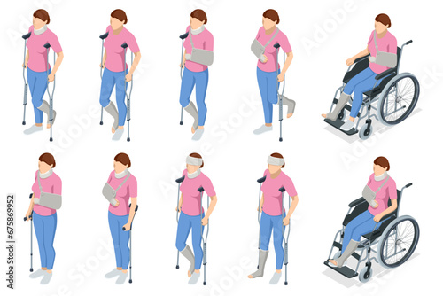 Isometric woman with injury, medical treatment and fixation of broken bones, with bandage and plaster. The womale character on a wheelchair. Rehabilitation, Healthcare, Medicine Health insurance cover