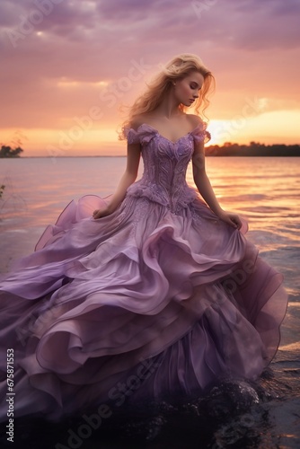 woman in pink dress on the sunset on the beach