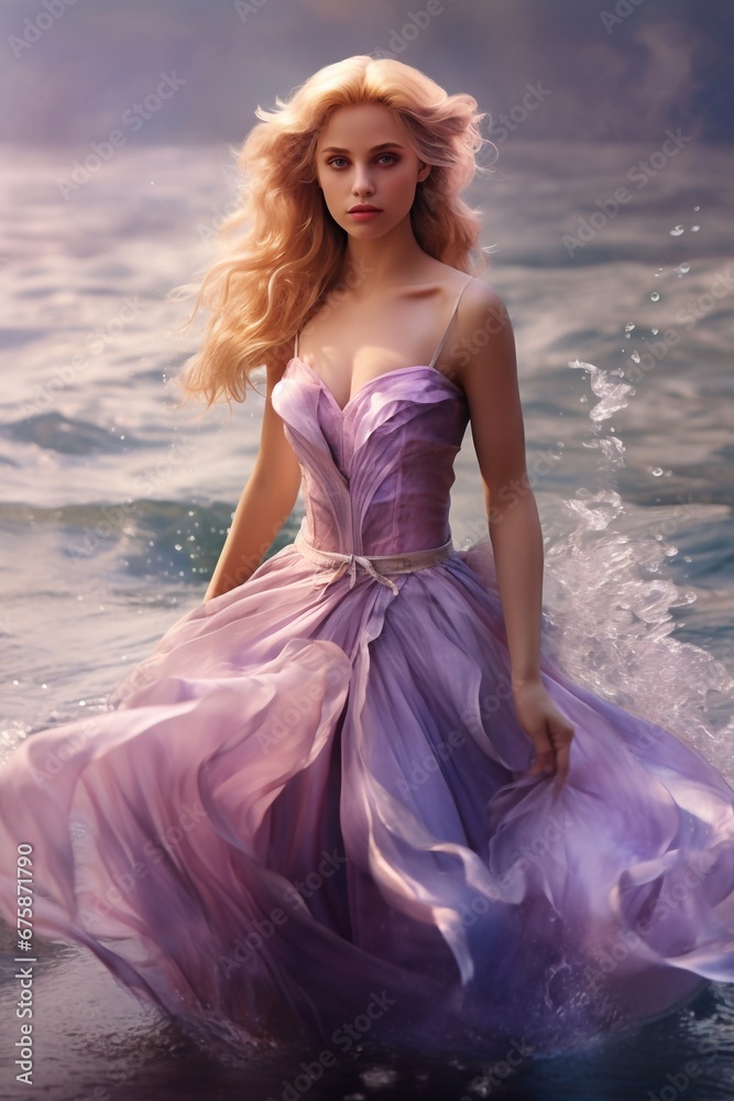 Beautiful blonde woman in pink long dress by the sea at sunset Beautiful blonde woman in pink long dress by the sea at sunset