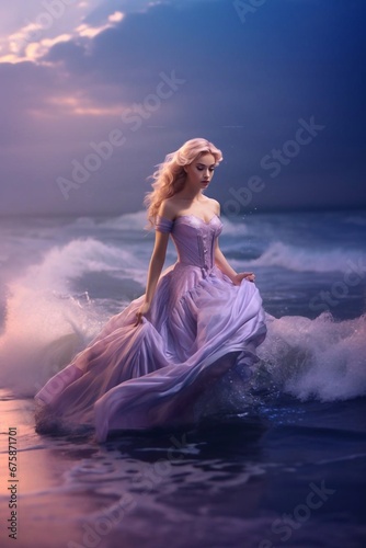 woman in dress on the beach at sunset