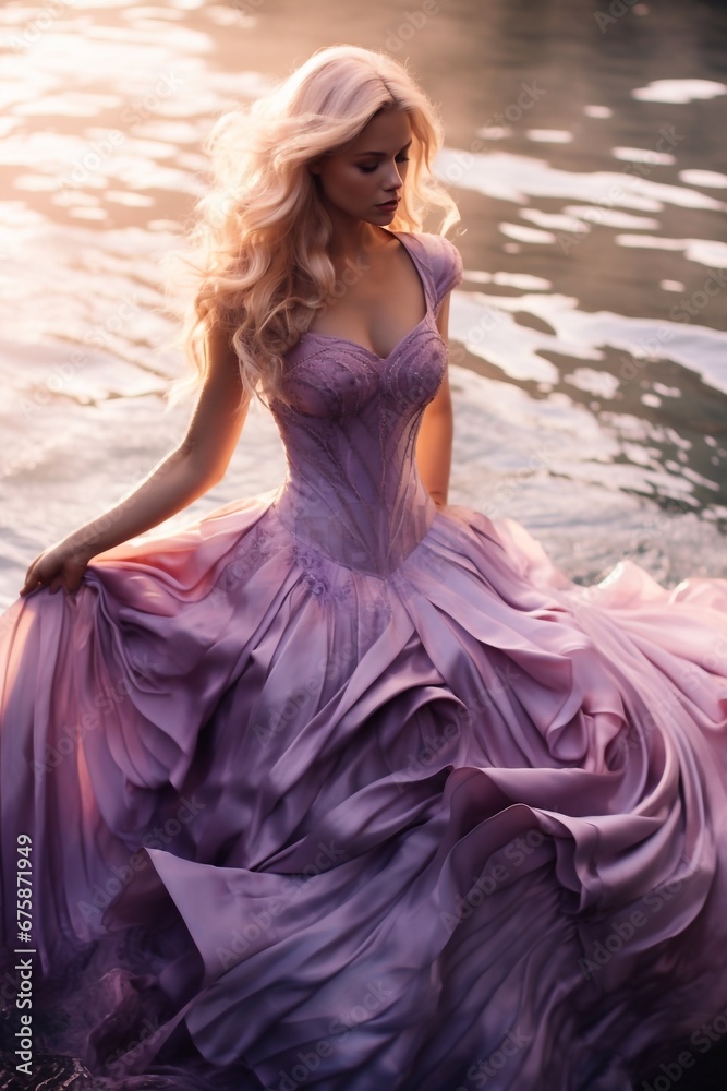 Fashion woman in long dress on the beach on sunset Fashion woman in long dress on the beach on sunset