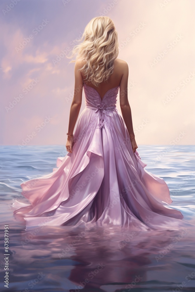 Fashion woman in long dress on the beach on sunset Fashion woman in long dress on the beach on sunset