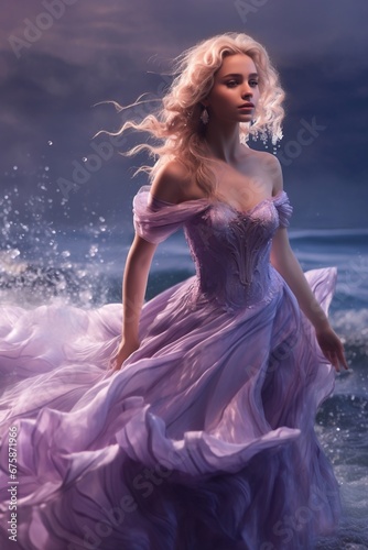 Woman in pink dress in ocean waves on sunset