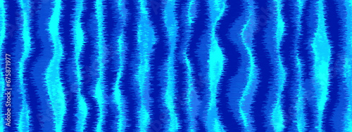 Batik ikat or tie dye seamless pattern with blue waves. Abstract vector background in ethnic or boho style. Washed digital watercolor fabric