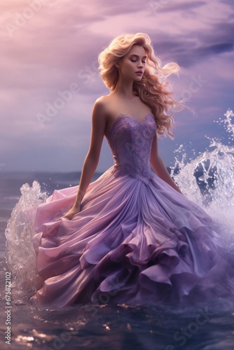 Beautiful blonde woman in pink long dress by the sea at sunset