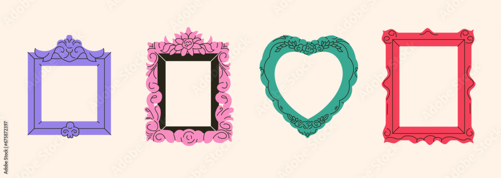 Set of colorful abstract frames or mirrors in retro style. Different shapes vintage photo picture frame border design. Modern flat vector illustration isolated on dark background - obrazy, fototapety, plakaty 