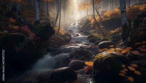 AI generated illustration of a stream flowing through a dark fantasy landscape